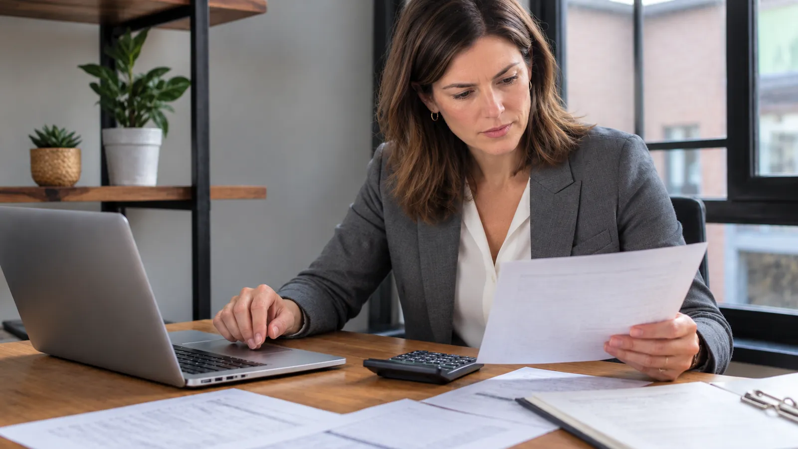 Business owner or finance manager working at desk with laptop, calculator, and financial documents spread out, reviewing cash flow data with focused attention