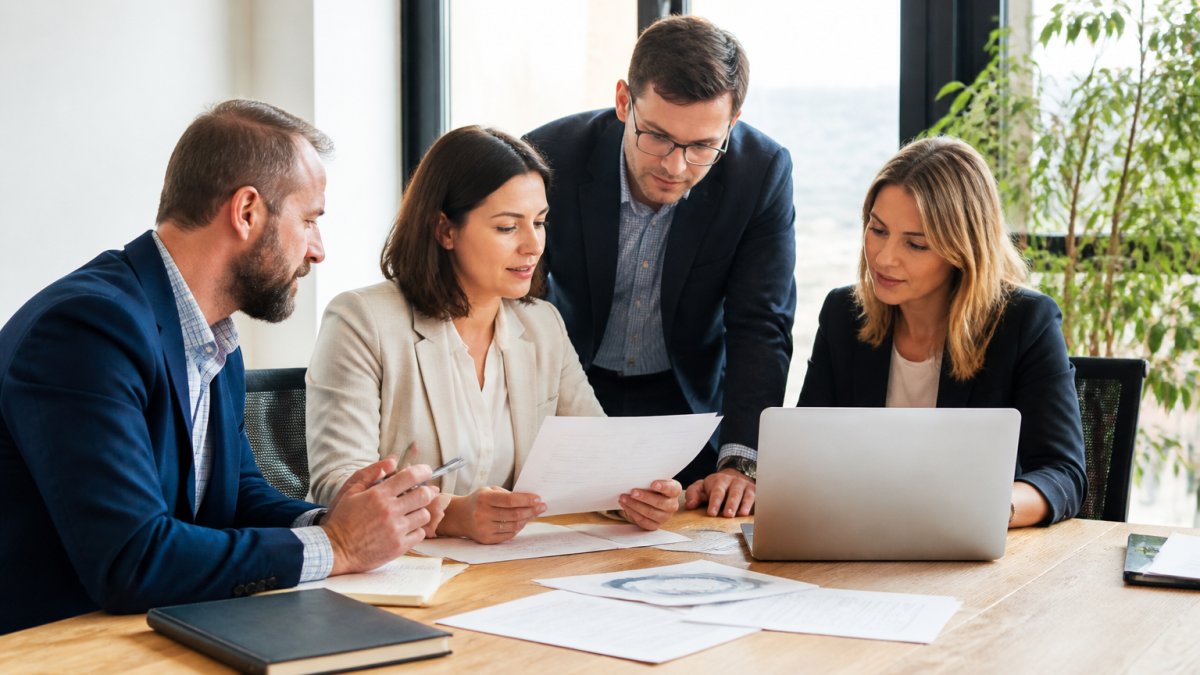 A professional services team of four reviewing financial documents and a laptop around a light oak meeting table in a bright office with large windows
