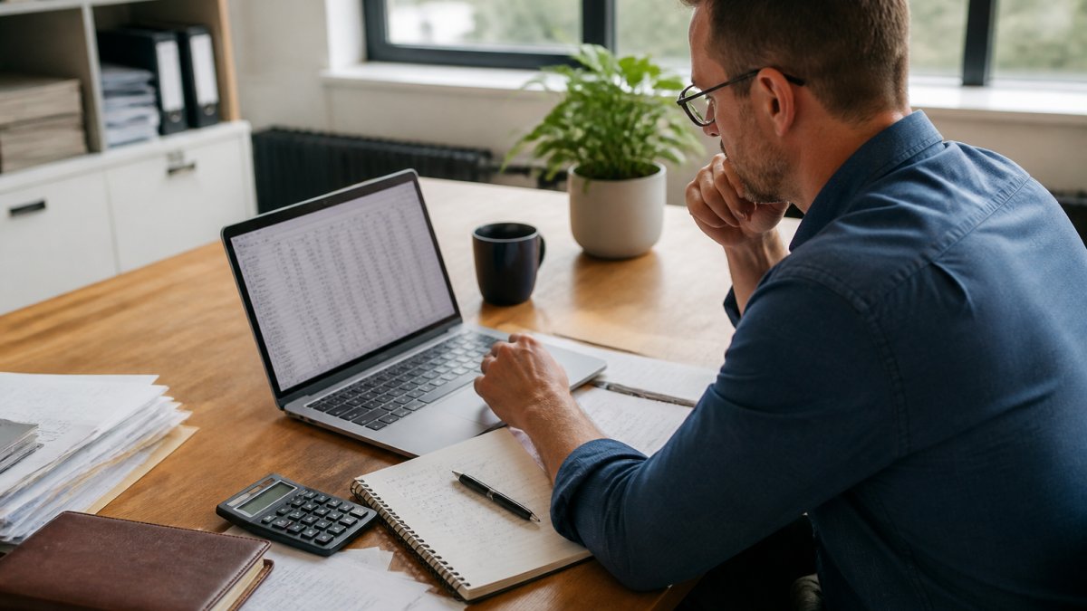 A small business owner at a desk with a laptop open on a spreadsheet, handwritten notes and a calculator beside it, reviewing monthly figures in a bright office
